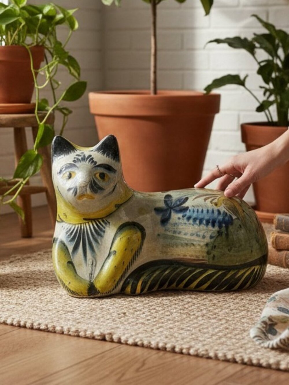 Large Tonala Mexican Hand Painted Ceramic Pottery Cat Folk Art Statue 14"
